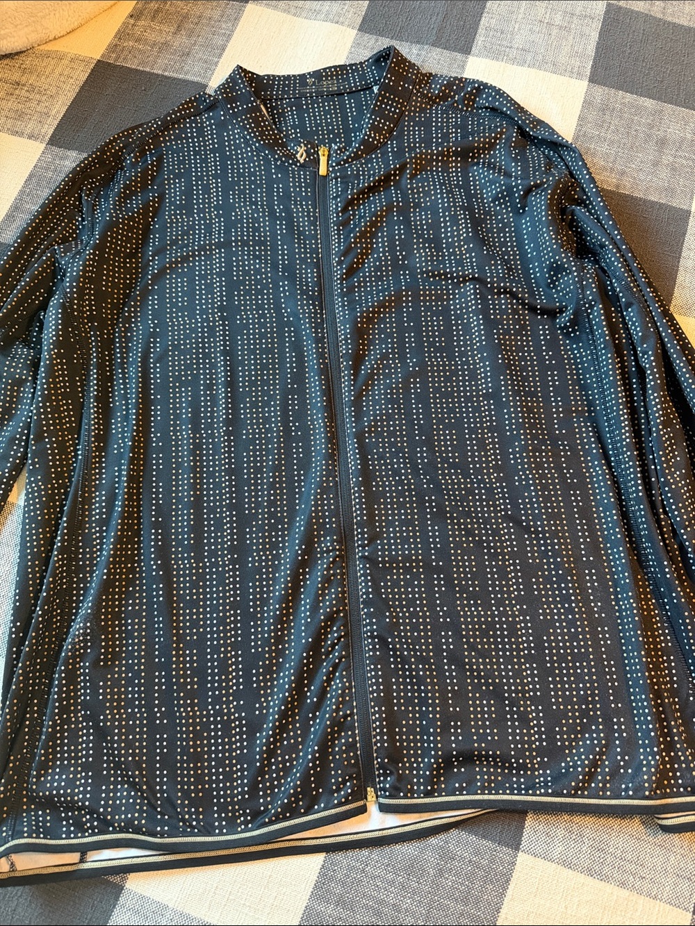 Women's Navy Zip-Up Top with Dot Stripe Detail